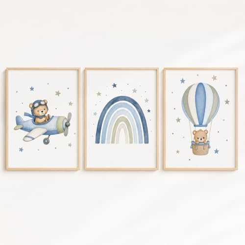 Generisch Kinderzimmer Poster Set – Babyzimmer Wandbilder für Jungen & Mädchen – Aquarell Tiere, Flugzeug, Bagger, Baustelle, Heißluftballon & Bären – Deko Kinderzimmer (Ungerahmt, Regenbogen)