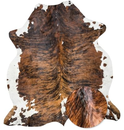 Hides Bazaar Real Cowhide Rug 6x7-8 ft - Natural Leather Hair-on-Hide Area Rug with Brown, Black & White Pattern (Brown Brindle) - Soft Western Cow Skin Rug for Living Room, Ranch Decor & Rustic Homes