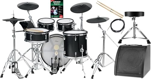 XDrum DD-670 Mesh E-Drum Kit - elektronisches Schlagzeug mit echter HiHat - Pads aus Holz mit Mesh Heads - 720 Sounds - inklusive Hardware, Hocker, Monitor, Kabel und Sticks - Black Sparkle