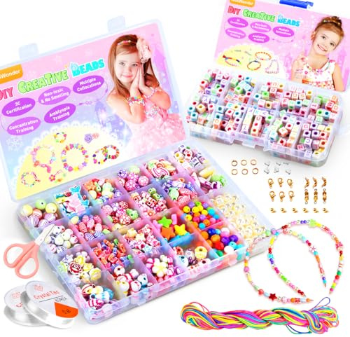 WinWonder Perlen Zum Auffädeln, Perlen zum auffädeln Kinder Schmuck Schnurset, Buchstaben Perlenschmuck Schmuckbasteln,DIY Freundschaftsarmbänder Halsketten Kunsthandwerks-Set für Mädchen Kinder