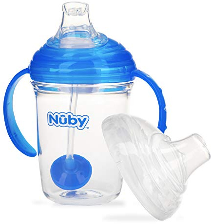 Nuby 360 Grip N' Sip Tasse en Tritan avec paille lestée avec couvercle hygiénique Bleu 236 ml