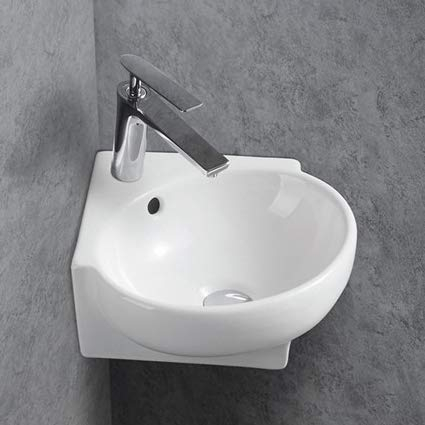 BERNSTEIN Eckwaschbecken klein Wand-Waschbecken KW198A Keramik für Gäste WC - - 39,5 x 36,5 x 14 cm - 5 Jahre Garantie -Mit Armaturloch Handwaschbecken in Weiß, Eckwaschtisch mit Blende in Chrom