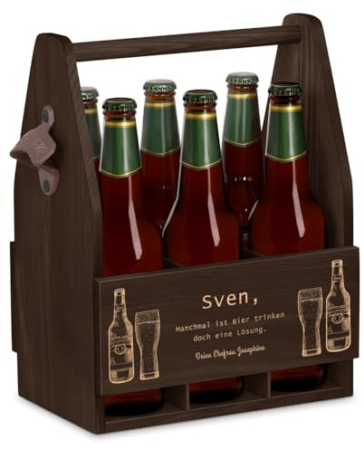Maverton Bierträger für 6 Flaschen 0,5L mit Gravur | Männerhandtasche mit Flaschenöffner, Größe: 25x17x32cm, aus Holz, Geburtstagsgeschenk, personalisierte Geschenke für Männer