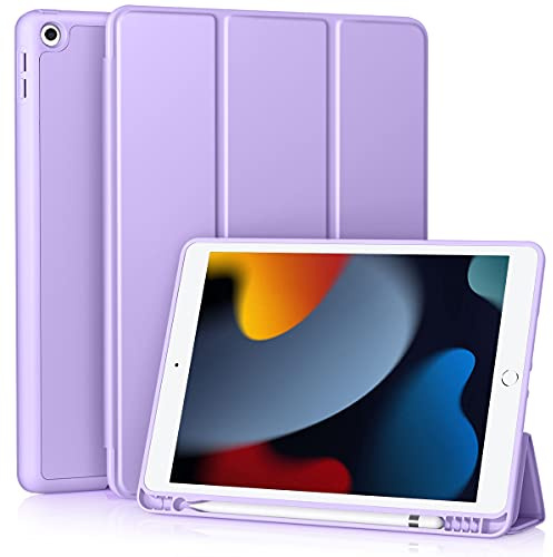 Vobafe Hülle Kompatibel mit iPad 9 8 7 Generation(10.2 Zoll, Model 2021/2020/2019,9./8./7.), Weiche TPU Rückseite Abdeckung Klappständer Schutzhülle mit Stifthalter, Auto Schlafen/Wachen, Lavendel