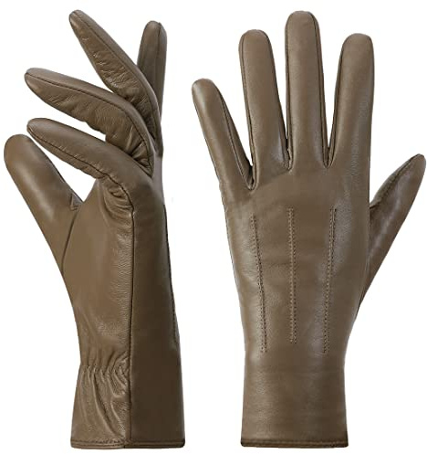 Harssidanzar Damen Lederhandschuhe Winter Warmes Kaschmirfutter Touchscreen Vintage Finished GL017EU,Khaki, Größe L