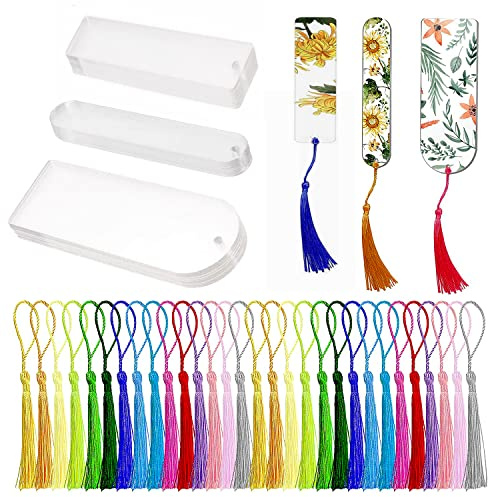 30PCS Acrylic Bookmark Blanks, Clear Acrylic Craft Bookmarks with 30PCS Colorful Tassels, Transparent Rectangle Round Bookmarks Bulk for DIY Crafts Hanging Gift Tag Price Tags(3 Shape)