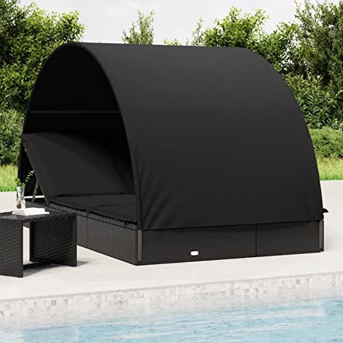 Tidyard 2 STK. Sonnenliege 2 Personen mit Dach, Gartenliege Klappbar, Relaxliege, Doppelliege, Gartenmöbel Schwarz 211x112x140 cm