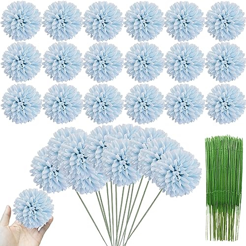 HinyoCo 30 Piezas Flores Artificiales en Bola de crisantemo con Tallos de Seda, arreglo de hortensias, Ramo para la Oficina en casa, café y decoración de Boda (Azul Claro)