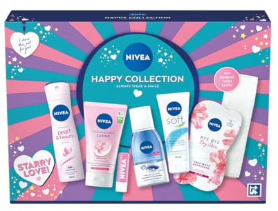 NIVEA Happy Collection Skincare Gift Set, Women's Gift Set with Anti-Perspirant, Facial Cream, Lip Balm, Eye Make-Up Remover, Moisturiser, Face Mask, Wash Cloth