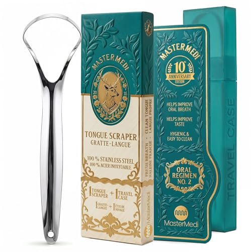 MasterMedi Tongue Scraper for Adults, 100% Stainless Steel Tongue Scrubber for Bad Breath, Easy to Use, Tongue Cleaner for Oral Care & Hygiene (SPTC-1|with Case)