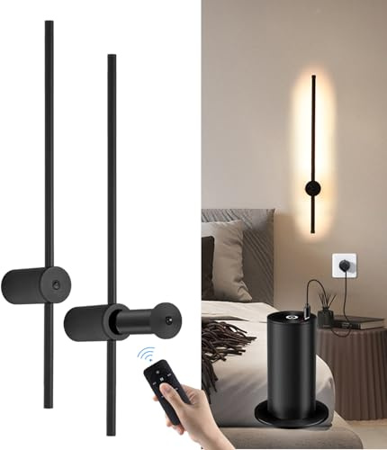 Battery Operated Wall Lights Indoor, USB-C Rechargeable Wall Light with Remote Control, 60CM Black, Dimmable Wireless LED Wall Lamps with Switch, 360° Free Rotation Modern Wall Sconces, 2 Pack