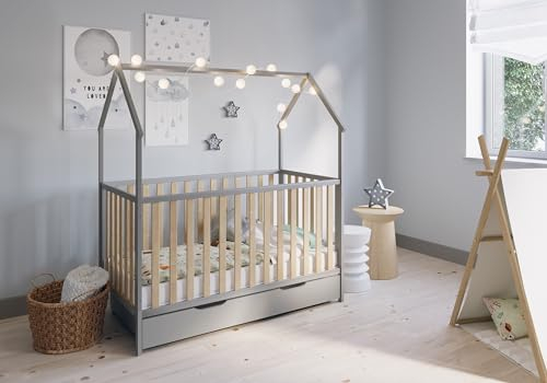 FabiMax Kinderbett Hausbett Schlafmütze mit Schublade, Grau/Natur, 140x70 cm, aus massivem Kiefernholz (Matratze Classic, mit Schublade)
