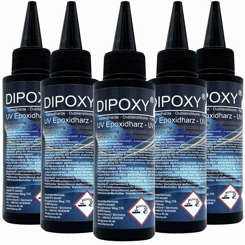 UV-epoxiharts resin snabbhärdande epoxi (30–90 sekunder. med UV-lampa) transparent kristallklar gör-det-själv i professionell kvalitet 5 x 100 ml (500 ml)