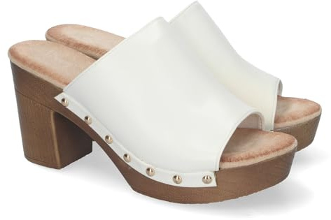 shoes&blues.es Sabot à talon haut pour femme, confortable, matériau imitation bois, pelle lisse avec clous et talon ouvert., blanc, 36 EU