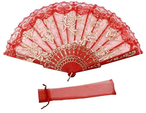 Hperu Folding Hand Hand Held, Lace Flowers Design Decorative Folding Fans Rose Lace Red Wedding,Lace Flowers Fans