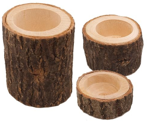 Ieron 3 pcs Natural Wood Candlesticks, Bark Flower Pot Wood Log Candle Holder, Log Candle Holder for Office, Wedding, Party Decoration