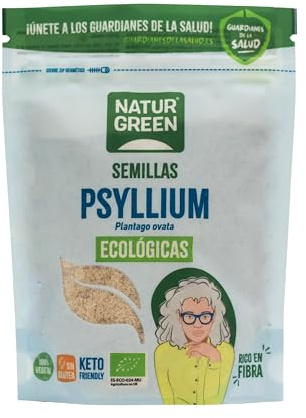 NaturGreen - Cáscara de Semilla Molida de Psyllium Ecológico, Plantago Ovata, Alto contenido en Fibra, Bajo Contenido de Grasa, Sin Gluten, Sin Huevo, Sin Lactosa, Contiene 100 g