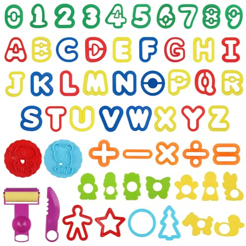 DOITEM Jeu d'outils pour pâte à modeler pour enfants Moules à lettres, moules à chiffres, moules à animaux en plastique pour découper la pâte à modeler, 56 PCS