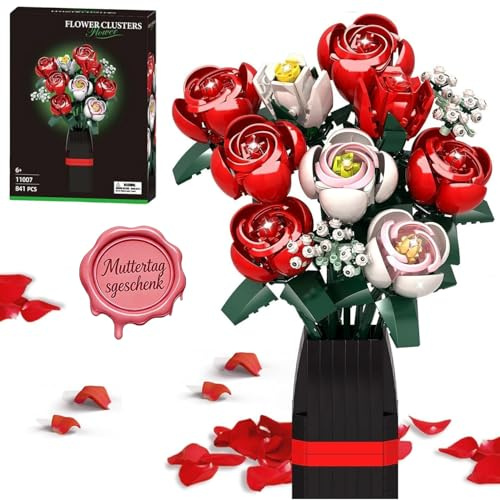 KOJAYHOL Rosen Blumenstrauß Bausatz mit Vase, 841 Stück Blumen Baustein DIY Set, Muttertagsgeschenk für Mama, Weihnachten, Valentinstag, Künstlerische Pflanzen Deko für Haus und Büro