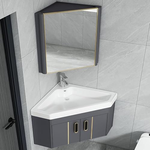 Lavabo Angolare da Bagno con Mobiletto, Mobili Bagno Sospeso Ad Angolo, Mobile Lavabo Angolare da Bagno con Lavabo E Specchio, Lavandino per Il Lavaggio Igienico delle Mani(48cm)