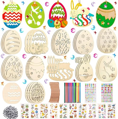 324 Stück Ostern Bastelset Kinder, Holzanhänger Ostern zum Bemalen, Ostern Anhänger Holz, Ostern Basteln Kinder, Ostern Holz Bemalen, mit Aquarellstift, Strass, Auge, Seil, Aufkleber