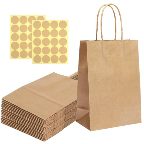 TYFYH 25 st. papperspåsar med handtag, presentpåsar, papperspåsar små, kraftpapperspåsar bruna, shoppingkassar för gåva, restaurang att ta med, shopping (21 x 15 x 8 cm)