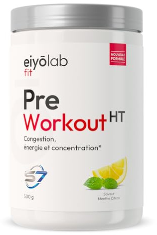 PRE WORKOUT HT | Booster Musculation sans Créatine | 3g de Bêta-Alanine + 3g d'Arginine + 4g de Citrulline + 200mg de Caféine + S7 | Énergie + Congestion Musculaire | 500g | Menthe Citron | Eiyolab