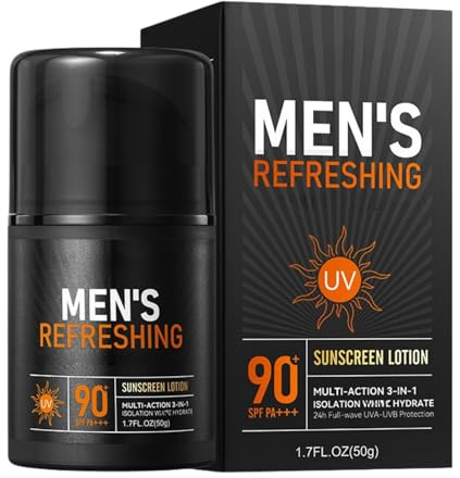 Sunscreen for Men SPF 90+, Mens Moisturiser Face with UVA/UVB Protection, Waterproof & Sweat Resistant Sun Lotion, Long-Lasting & Non-Greasy Suncream, Improve & Even Skin Tone, Face Cream for Men, 50g