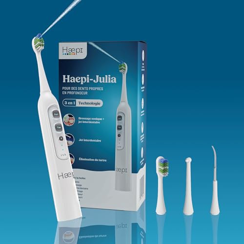 Haepi Julia – Brosse à dents électrique sonique 3 en 1 | Brossage + Jet interdentaire + Détartrage | 48 000 vibrations/min | Rechargeable USB | Pour gencives sensibles & porteurs d'appareils dentaires