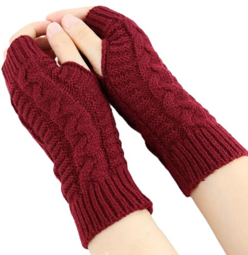 Andiker Mitaines d'hiver sans doigts pour femme, chauffe-bras tricotés avec trou pour les pouces, mitaines souples au poignet, rouge bordeaux, taille unique