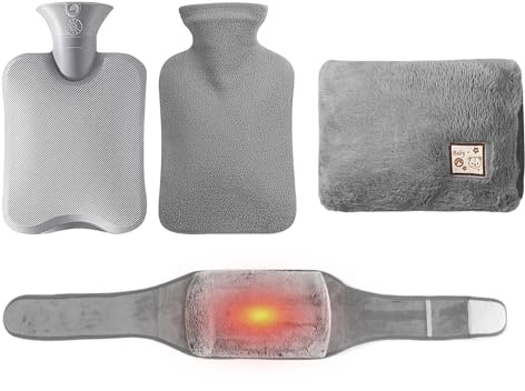 Wärmflaschengürtel 1 L Wärmflasche Mit Bezug, 4er Wärmegürtel Wärmeflasche Auslaufsicher Tragbare Flauschig Wärmflasche Groß Hot Water Bottle Für Den Bauch Und Die Taille, Kalte Wintertage, Silbergrau