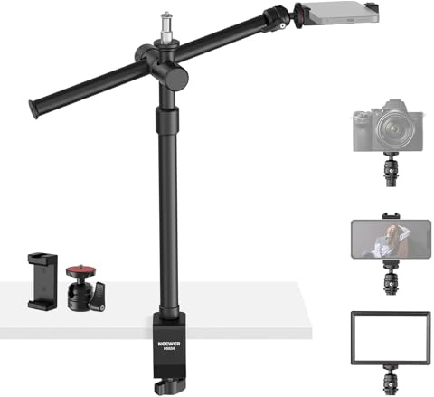 NEEWER Overhead Camera Desk Mount Soporte Mesa con Swivel Boom Arm, 1/4 Rótula, Soporte Móvil & C Clamp, 22/55,5cm Adjustable Webcam Mic Stand para Luz LED Transmisión Zoom Grabación Vídeo, DS024