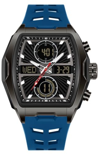 OFNS Montre rectangulaire multifonction pour homme - Chronographe carré - Montre de sport avec affichage numérique et analogique - Double affichage de l'heure - Compte à rebours et chronomètre, bleu
