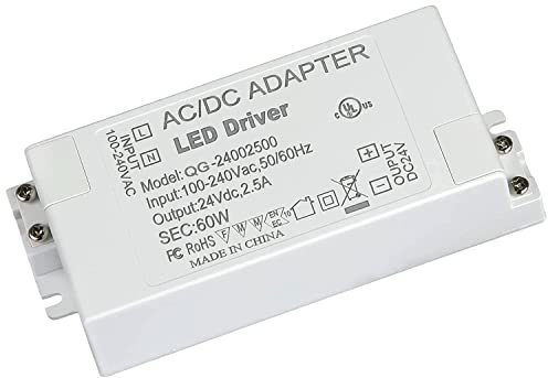 LED Driver 60 Watts UL-Listed Power Supply Transformer Adapter 100V-240V AC to 24V DC Low Voltage Output for LED Light, Computer Project, Indoor Light and Any 24V DC led Lights