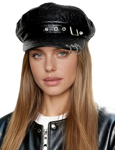 Ausing Baskenmütze Barett Damen Schwarz Mütze Leder PU Frauen Klassische Französische Visor Schirmmütze Gothic Ballonmütze Bakerboy Hat Achteckige Beret Mütze Cap Maler Kappe Elbsegler Winter Herbst
