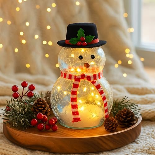 Nexoria Decorazione natalizia in vetro con pupazzo di neve con luce LED, decorazione natalizia, pupazzo di neve, lanterna decorativa natalizia per interni in vetro trasparente, statuette natalizie
