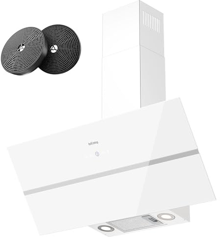 Hotte Aspirante 90cm, IsEasy Hotte de Cuisine Inclinées Blanc, 594 m³/h, 4 Vitesses, Classe A++, Eclairage à LED, 2 Filtres à Charbon Inclus，Evacuation ou Recyclage