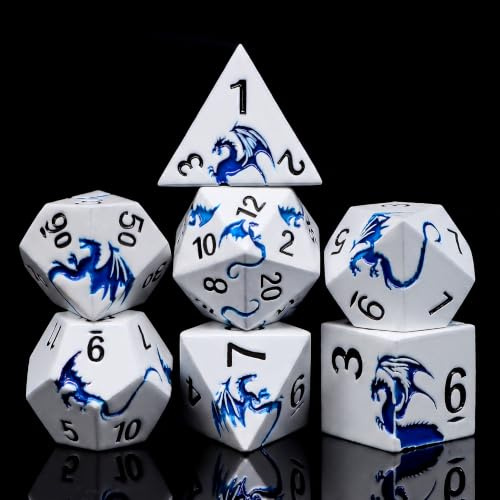 Set 7 Dadi D&D Metallo, Drago Blu Perla Bianca, Box Regalo Magnetico | Dadi D&D in Metallo Pieno con Drago Intagliato. Compatibile con D&D, Pathfinder e Giochi di Ruolo. Scatola Regalo Magnetica.