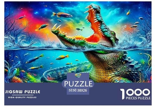 Puzzle di Coccodrillo 1000 pezzi - Carta riciclata, Coccodrillo nell'acqua con la bocca aperta e pesci - Vibrante per adulti, Regalo divertente, Difficile e impegnativo, Regalo 38x26cm/1000 pezzi