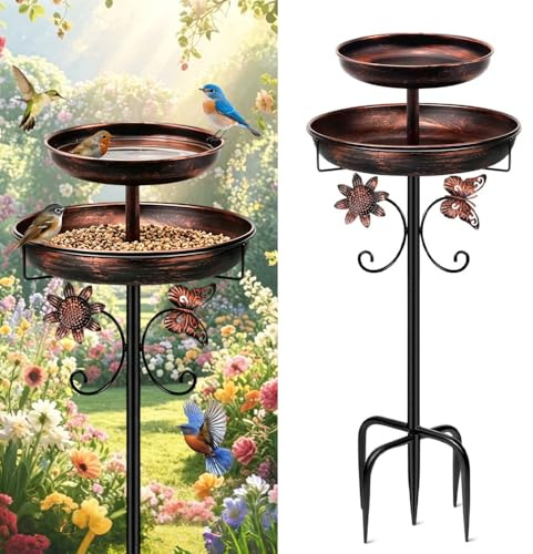 RNPKZ 115cm Vogeltränke Stehend, Vogelbad für Draußen Garten, 2 In 1 Wassertränke für Vögel, Vogelbad Garten Stehend mit Stabiler 5-Zinken-Basis für Garten und Rasen, Winterfest Futter Wasserschale