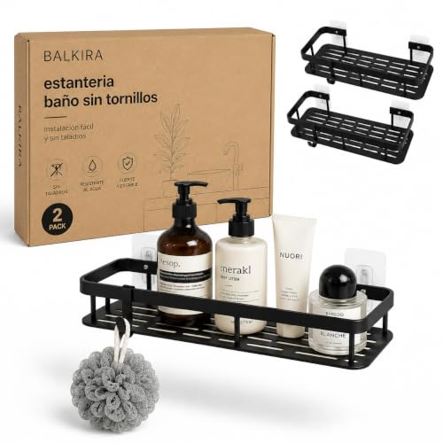 Balkira Estante Ducha Sin Taladro Aluminio Negro Mate Pack de 2 | Estanteria ducha sin taladro, ideal para pisos de alquiler, resistente a la humedad, incluye esponja.