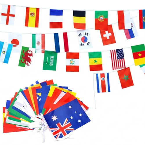 Flaggen der Welt, Flaggen-Bannergirlande mit Weltflaggen – 32 einzigartige Länder, 14 x 21 cm Polyesterschnur für Partydekorationen, Sportbars und Fanfeiern