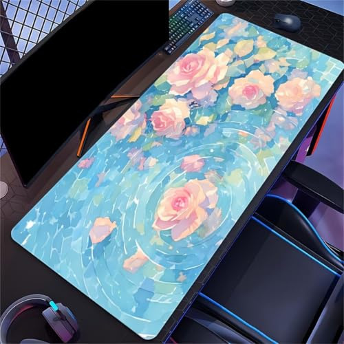 Tappetino per Mouse Gaming XXL 600x300x2 mm, Acqua Fiori Rosa Tappetino per Tastiera Antiscivolo, Bordi Cuciti, Superficie Ottimizzata per Sensori, Sottomano da Scrivania per Ufficio, PC e Laptop