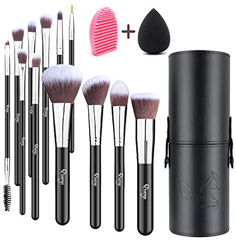 Makeup Brushes with Holder, Qivange Foundation Brush Contour Brush Eye Makeup Brushes Synthetic Makeup Brush Set with Blending Sponge and Makeup Brush Cleaner(12pcs, Black with Silver)
