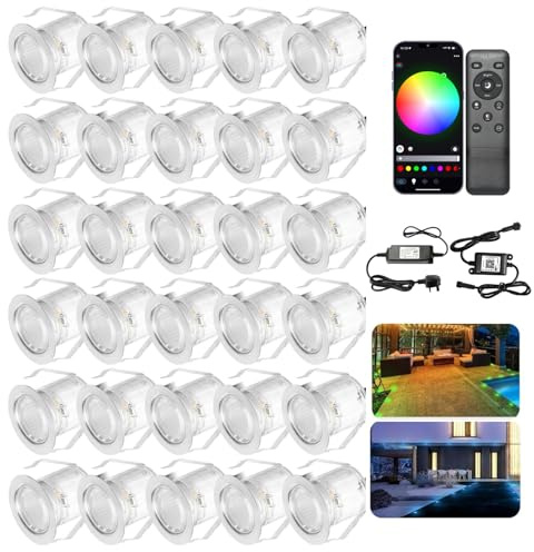 INDARUN RGB Led Decking Lights 0.5W Waterproof IP67 Ø30MM + WiFi Controller - Lighting for Terrace/Patio/Path/Wall/Garden/Decoration, 30 Packs
