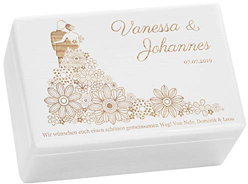 LAUBLUST Holzkiste zur Hochzeit - Personalisierte Hochzeitskiste Erinnerung - Blumenkleid | Geschenkkiste Personalisiert mit Gravur - FSC® (Weiß ohne Verschluss, ca. 30 x 20 x 14 cm | M)