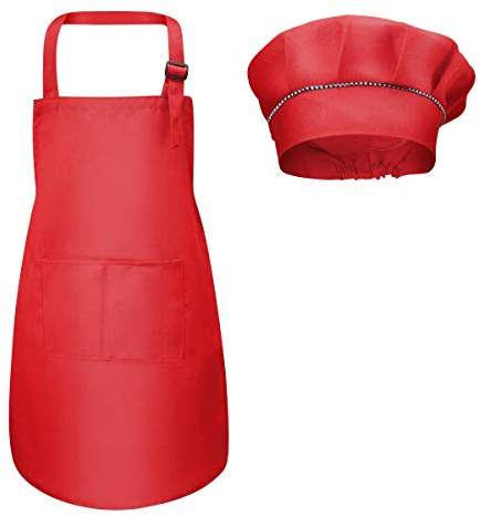 Fodlon Barnförkläde och kockhatt set, justerbart barn kök kockförkläde med fickor för matlagning bakning målning 4-12 år gammal (röd, stor)