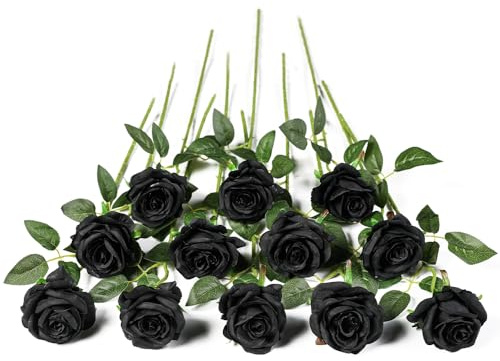 Kisflower 12Pcs Rosen Künstliche Blumen Realistische Einzelstielblumen Seidenrosenstrauß für Hochzeitsfeier Büro Home Decor (Schwarz)
