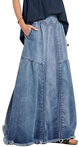 ORANDESIGNE Gonna di Jeans Lunga Vita Alta A-Line Gonna Lunga Plissettata con Tasche Gonna Elegante Azzurro 40