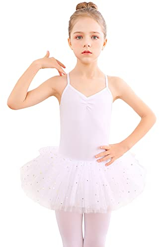 Bezioner Kinder Ballettkleidung Tütü Ballettkleid Mädchen Baumwolle Balletttrikot Ballettanzug Tanzbody Tanzkleid mit Rock Weiß 130